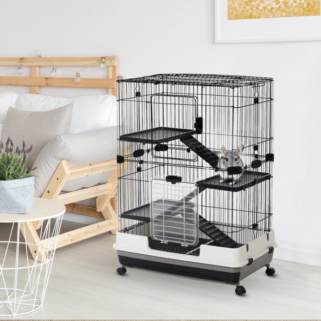 Gabbia a 3 Piani in Metallo con Vassoio per Roditori, Conigli e Furetti con 4 Ruote, 81.2x52.7x114cm, Nera