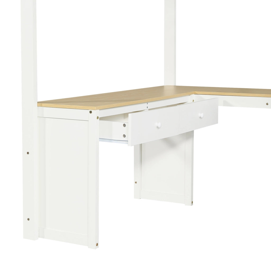 DESMIU Letto a soppalco per bambini 140 × 200 cm 1 posto con scrivania a U, 2 cassetti, ripiano, senza materasso, bianco e naturale