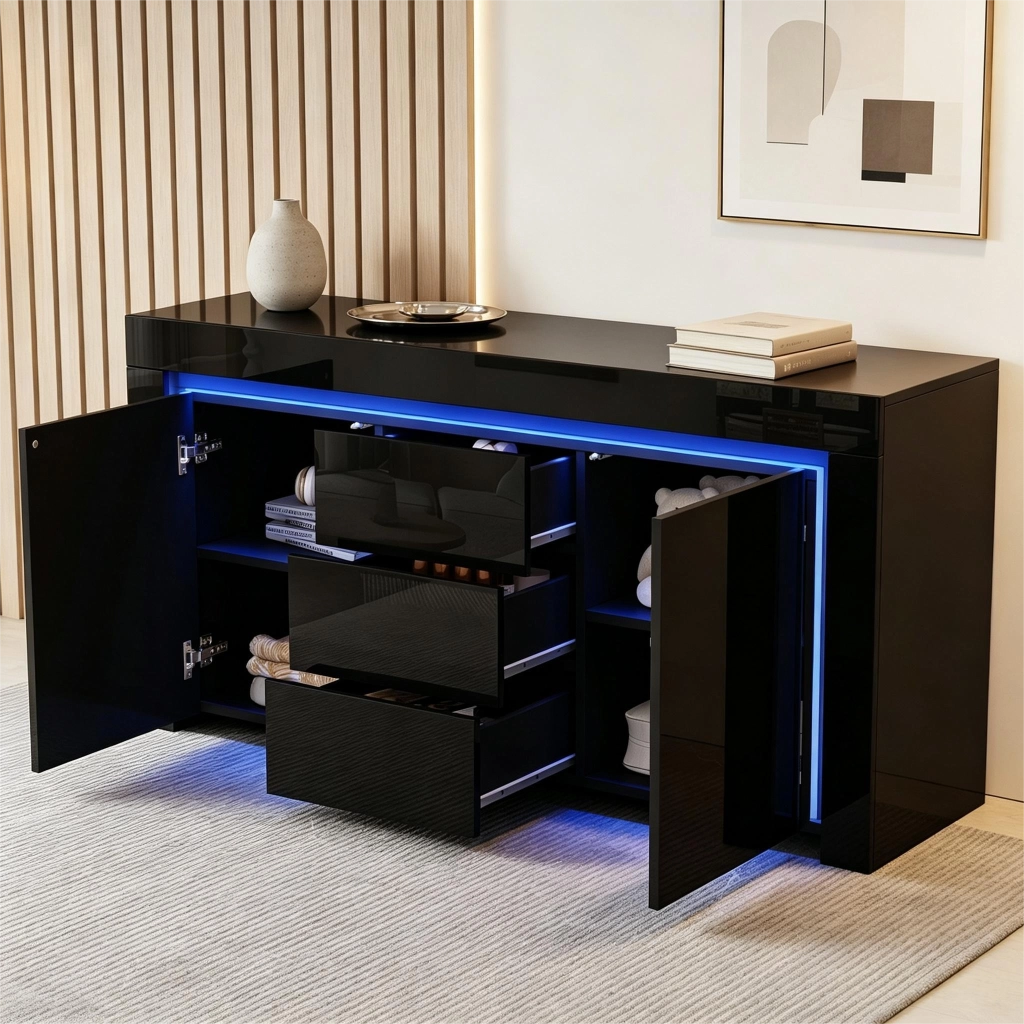 MADIA 140x40x65 cm MDF Nero Lucido con LED 2 Ante e 3 Cassetti