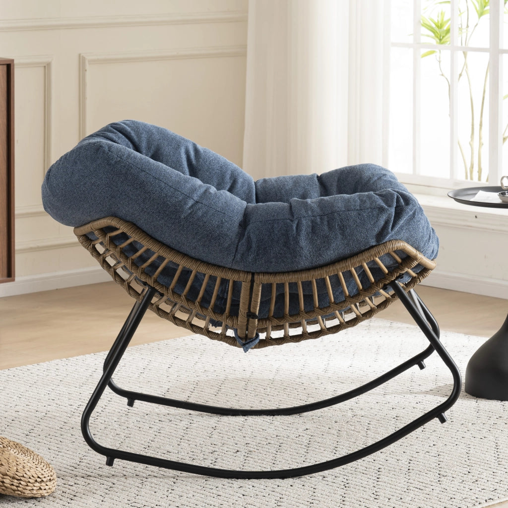 Poltrona Papasan a dondolo in ciniglia con struttura in metallo ergonomica per relax in soggiorno e esterno blu