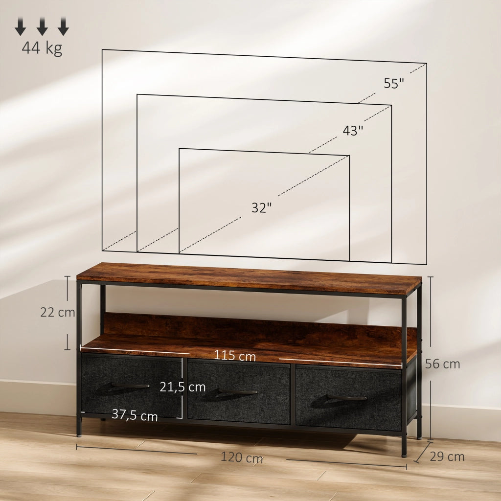 Mobile TV per TV fino a 55 pollici con 3 cassetti e piedi in acciaio ¨C zephmum ¨C marrone 120x29x56 cm