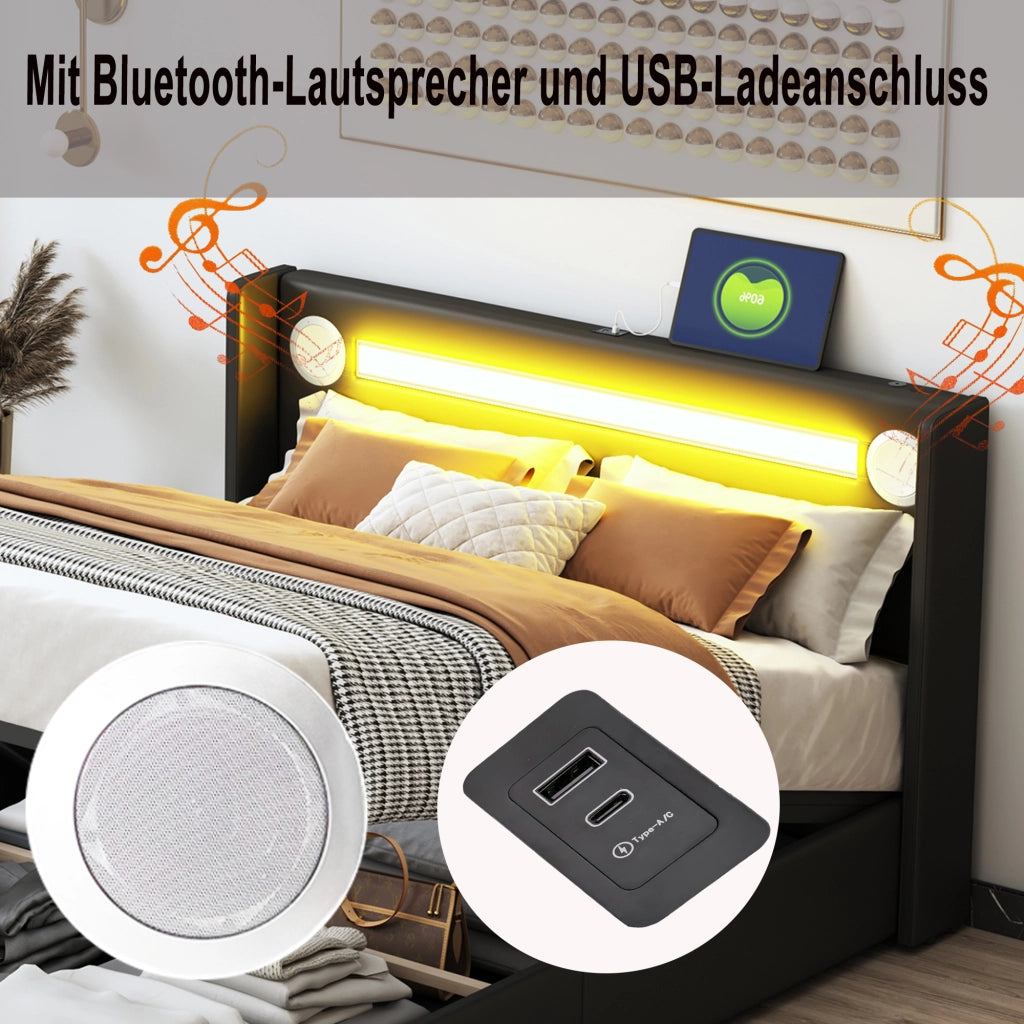 Letto Contenitore 160x200 cm; Letto Matrimoniale con LED; Bluetooth e USB in PU Nero