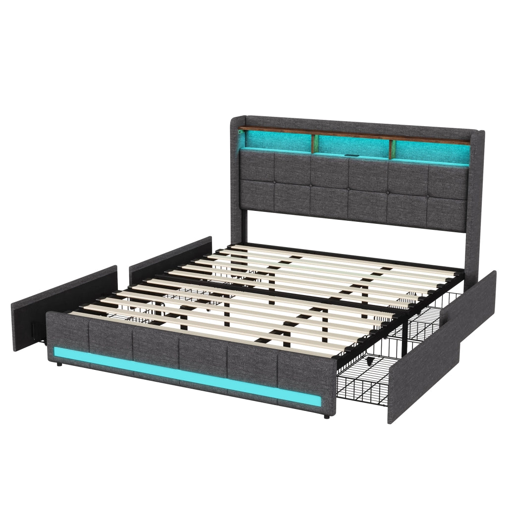 Letto matrimoniale 180x200 cm tessuto grigio, testiera contenitore con ricarica USB e USB-C, LED RGB APP telecomando, 4 cassetti estraibili