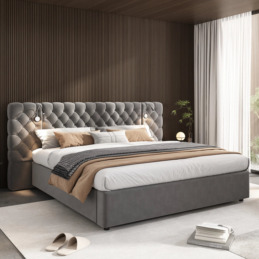 DESMIU Letto con contenitore 180 × 200 cm 2 posti con luce da lettura, vano idraulico e senza materasso, in velluto grigio