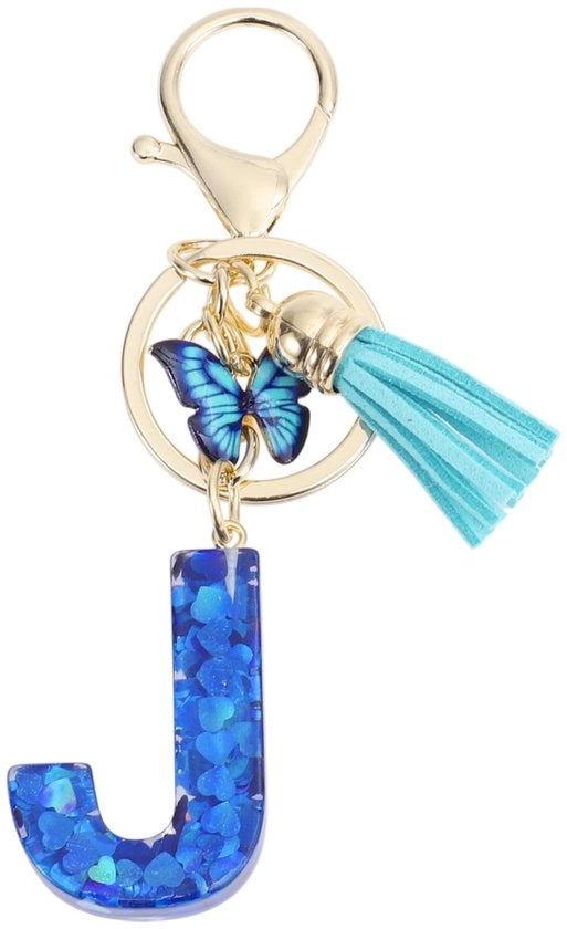 Sleutelhanger con lettera J - Farfalla - Sleutelhanger per donne - Sleutelhanger con pennello - Materiale di cera ecológico - 9,3 cm di lunghezza - Sleutelhanger con iniziali