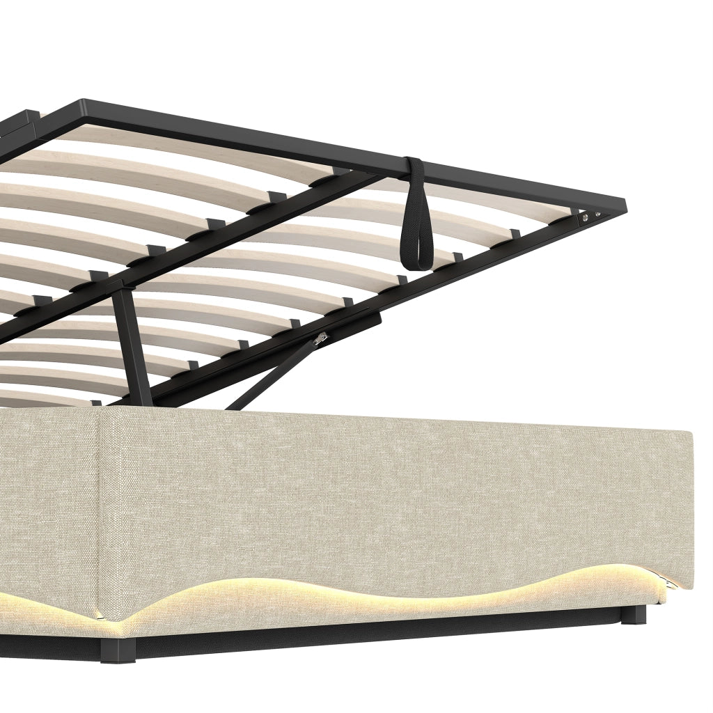 LETTO Contenitore 140x200 cm Lino Beige con LED, USB e Type-C