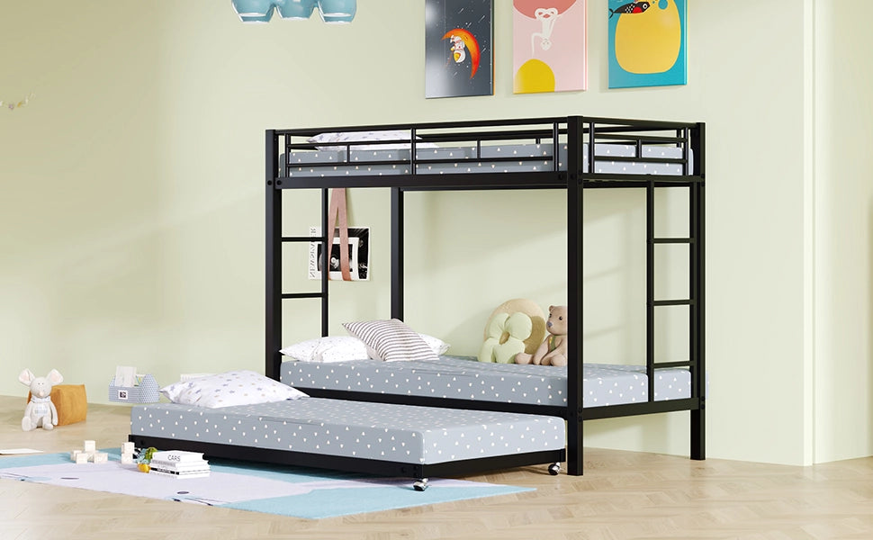 Letto a castello in metallo con letto estraibile; sponde alte e doghe; certificato EN747; nero; 90x200 cm