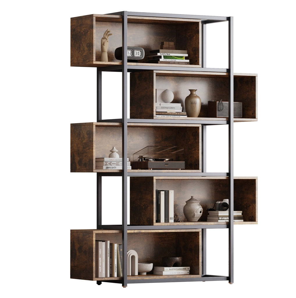 Libreria in MDF con ripiani aperti; stile industriale; nero e marrone