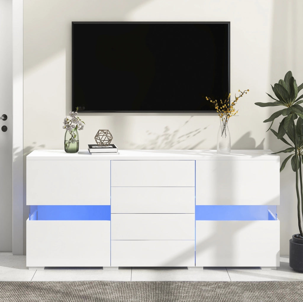 Sideboard bianco 140 cm con LED controllati da app; 2 ante in acrilico e 4 cassetti