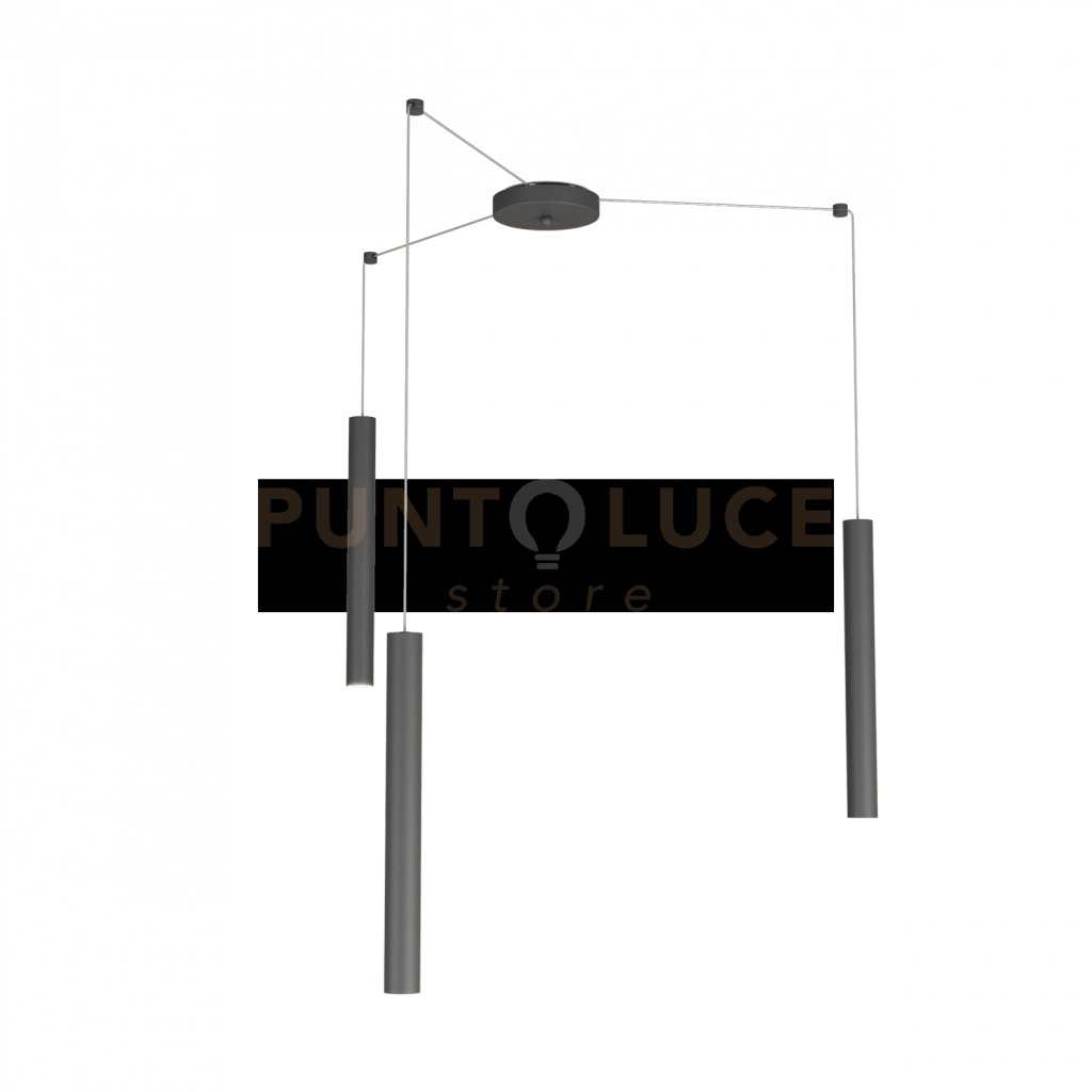 ROUND TUBE SOSPENSIONE 3 LUCI GRIGIO ANTRACITE CAVO CM.250 CON BASE 1174-S3-GA
