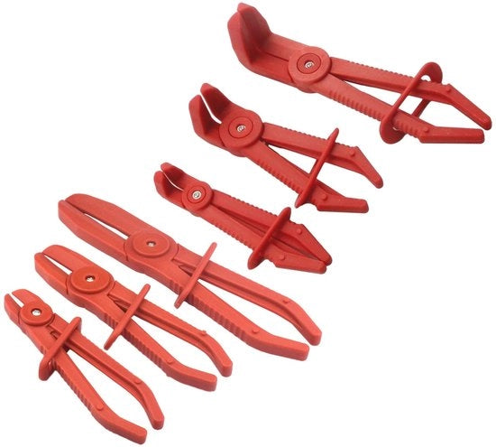 Kit di pinze per slanghe 6 pezzi - Materiale nylon resistente - Adatto per tubi di combustibile - Colore rosso - Utile per circuiti di raffreddamento e tubi di freno