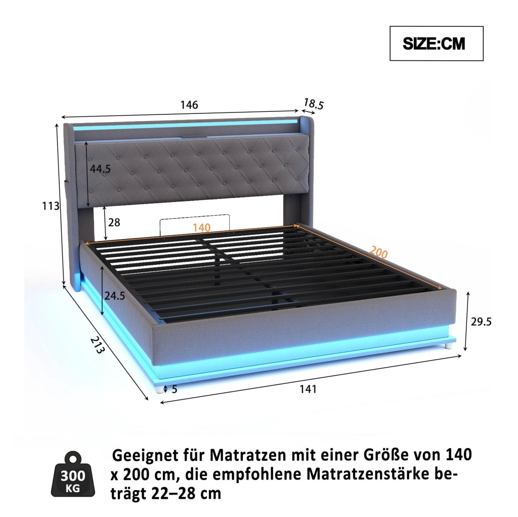 Letto imbottito 140x200 cm con LED, USB e vano contenitore idraulico
