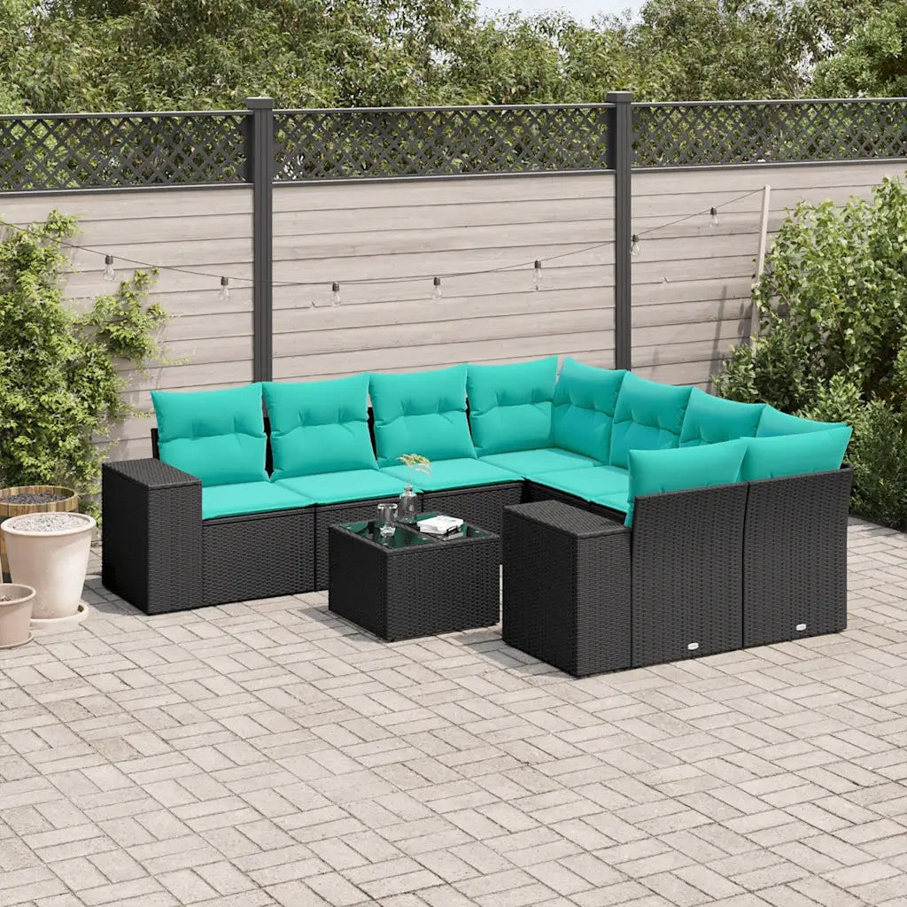 Set Divani da Giardino 9 pz con Cuscini Nero in Polyrattan 3222356