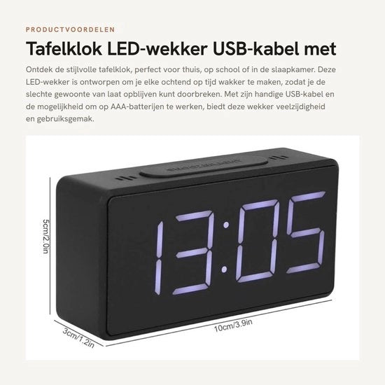 Orologio da tavolo con cavo USB - Alarme digitale - Funzione sveglia - Illuminazione a LED - Adatto per casa e ufficio - Funzione sonno