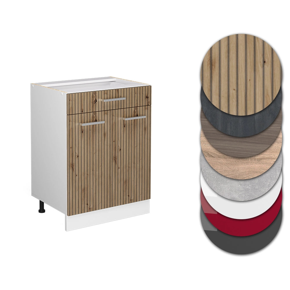 Mobiletto base per cucina R-Line Rovere artigianale/Bianco 60 cm con cassetto, senza piano di lavoro Vicco