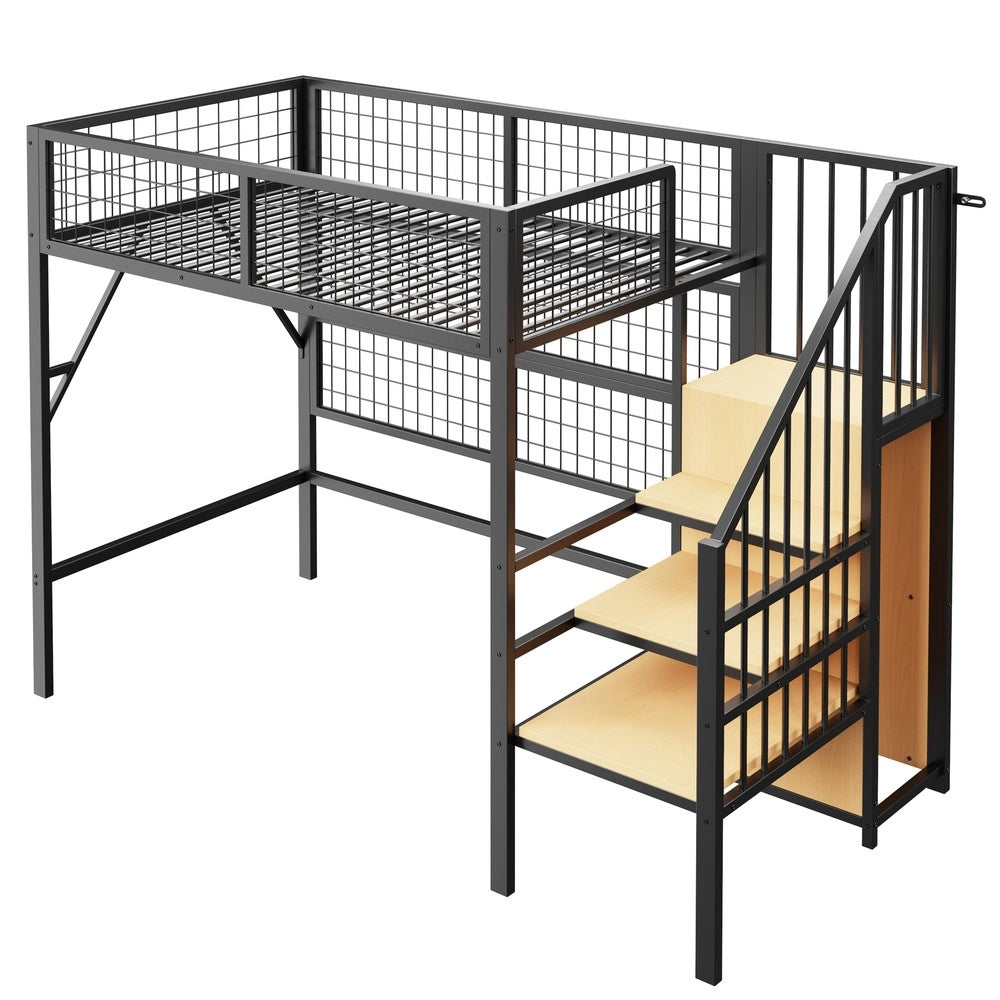 Letto a Soppalco con Scala Contenitore e LED ¨C MINIMAL ¨C Metallo Nero 90x200