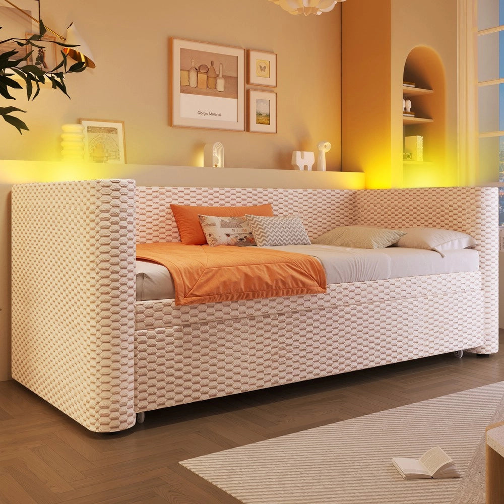 Letto di Giorno Estraibile con LED ¨C MINIMAL ¨C Velluto Beige, 90x200 / 180x200, Rete a Doghe
