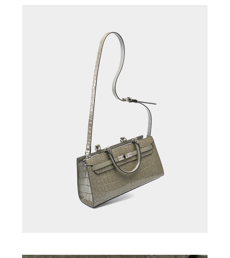 Borsa Kelly Bag in pelle di vacchetta con motivo coccodrillo, borsa a tracolla grande Wew, grigia