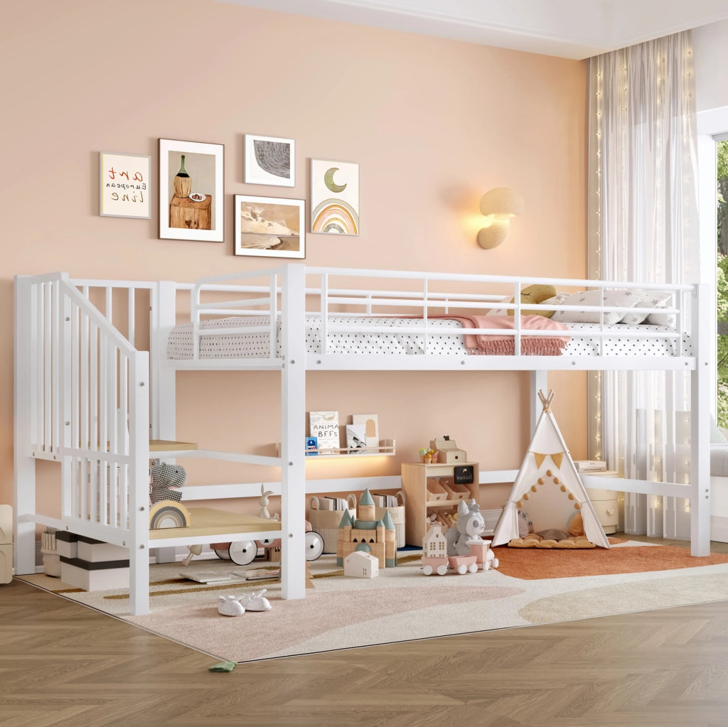 Letto a soppalco basso 90x200 cm con scala contenitore bianco