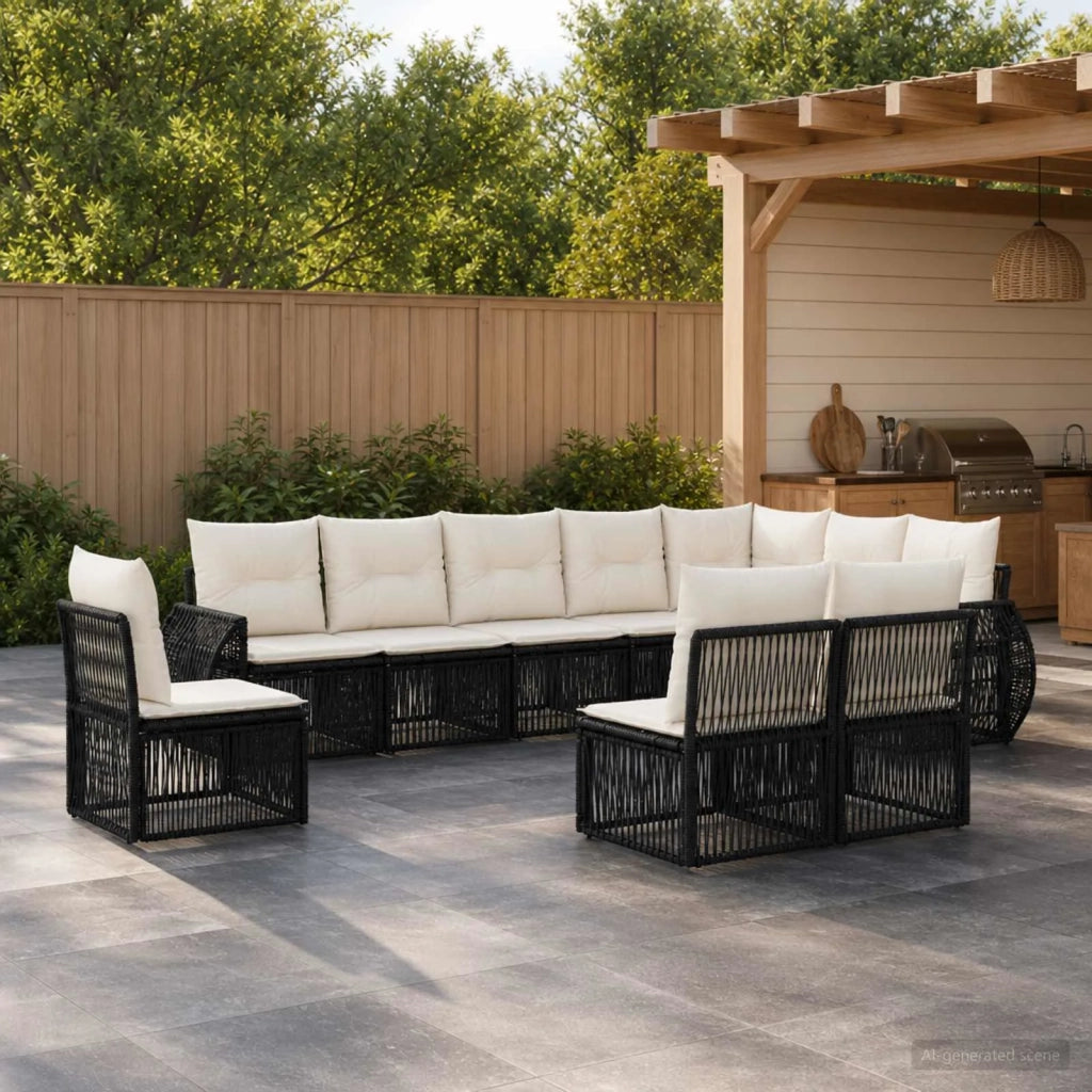 Set Divano da Giardino 10 pz Nero e Bianco Crema polyrattan 3435445