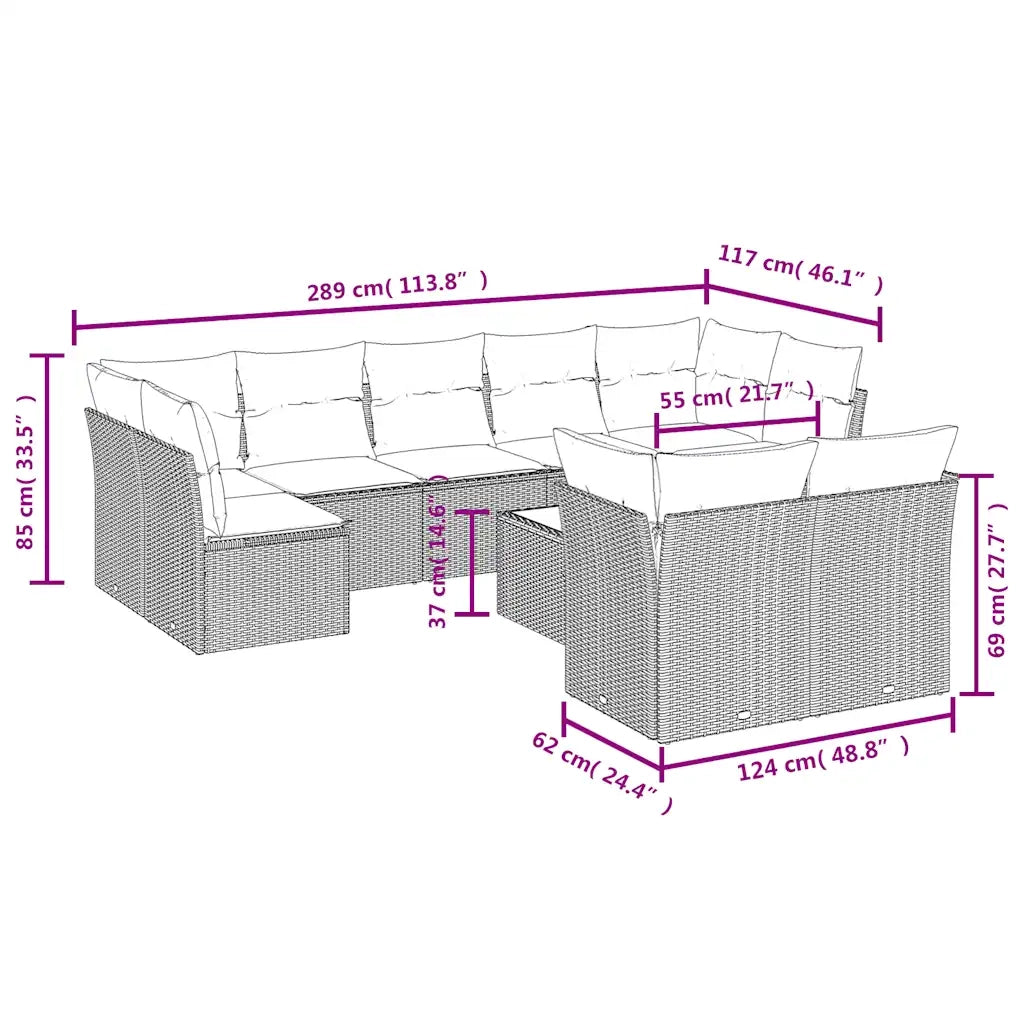 Set Divani da Giardino 10pz con Cuscini in Polyrattan Marrone 3218163