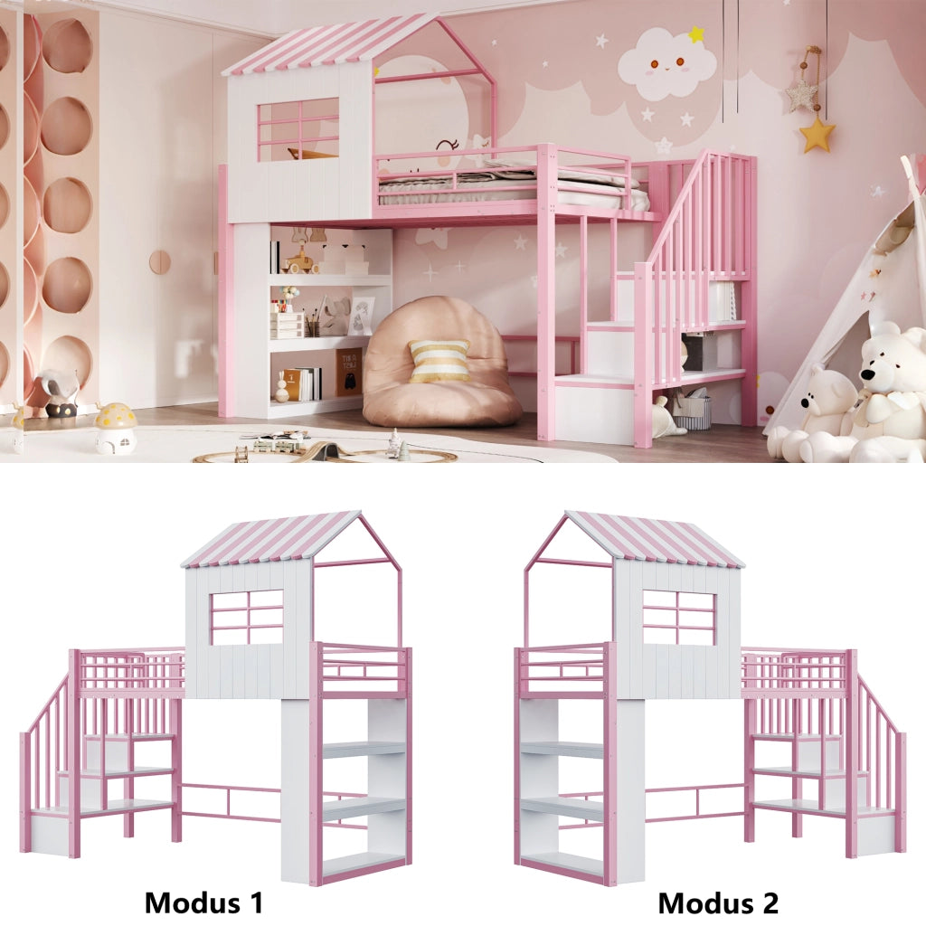 DESMIU Litto mezzanino bambino 90 × 200 cm 1 posto con scala contenitore e scaffali, senza materasso, in metallo, rosa