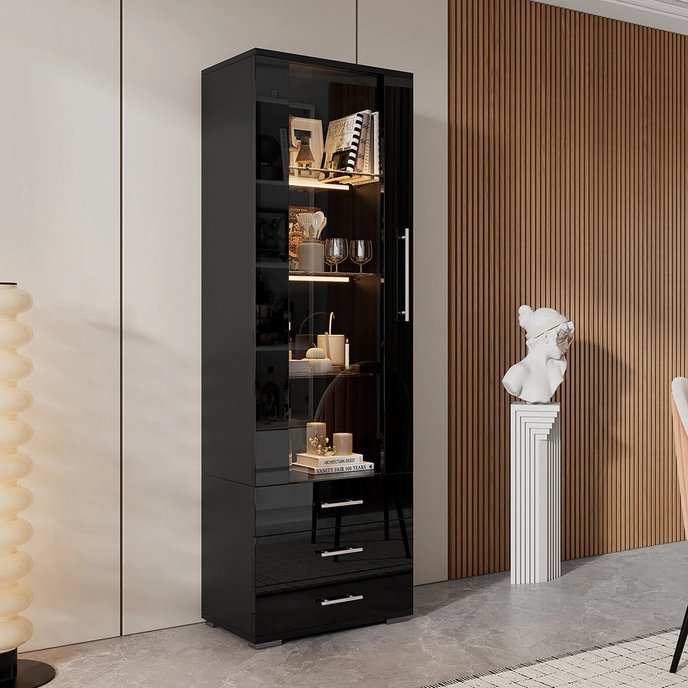 Vetrina verticale in vetro - Xylo - 60*35*180 cm - Nero brillante - LED, 3 cassetti