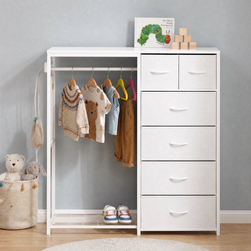 Armadio per bambini, con 6 cassetti, asta appendiabiti e presa di corrente, appendiabiti multifunzionale, bianco