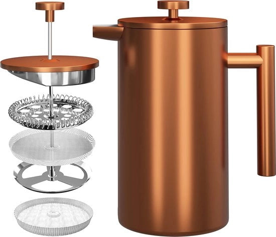 Caffettiera a stantuffo 34 oz - 1000 ml (4 tazze di caffè / 8 bicchieri di caffè) - Caffettiera a stantuffo con filtro a tre strati in acciaio inossidabile e pareti isolate - Finestra in bronzo