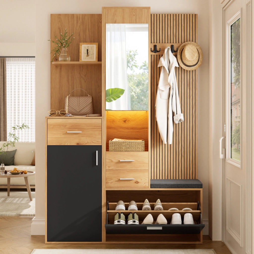 GUARDAROBA Ingresso con Specchio Panchina e Scarpiera LED 120x32x178 cm Nero Naturale