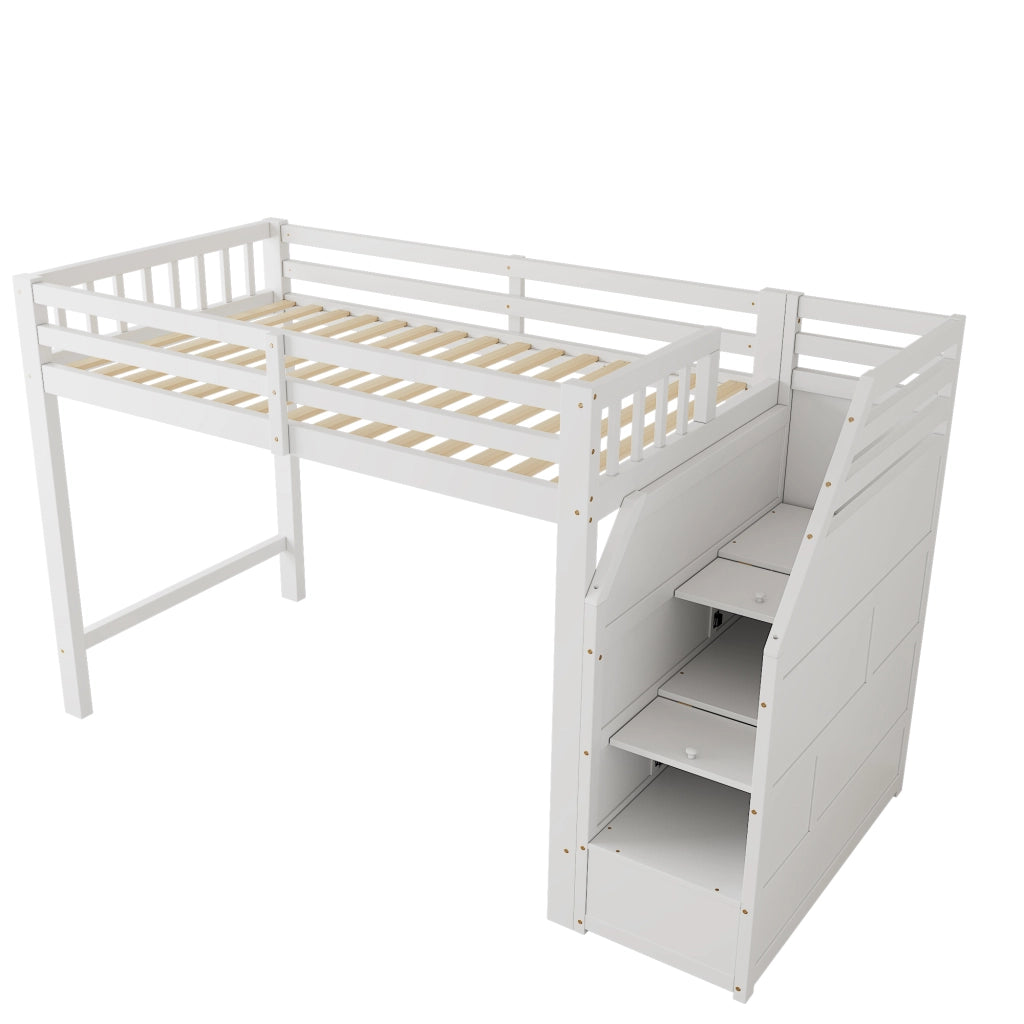 Hochbett per bambini 90x200 cm, in legno di pino, con sponde di protezione, scala con contenitore, rete a doghe, bianco