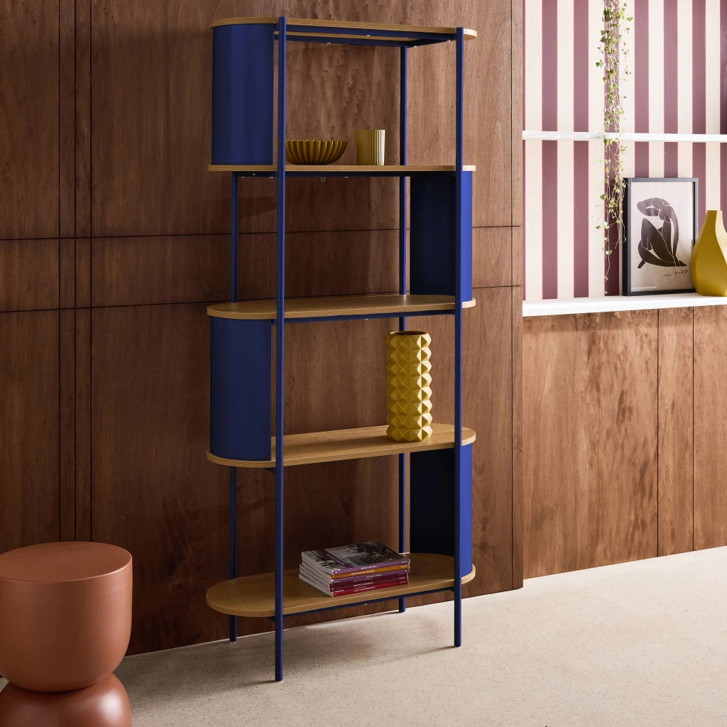 Libreria in metallo curvato e legno a 5 livelli, blu