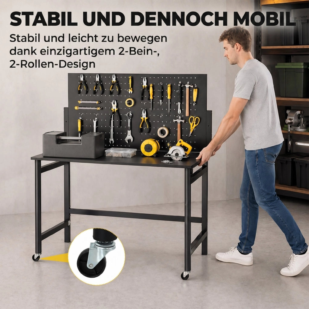 Banco da lavoro mobile pieghevole con pannello forato ¨C Minimal ¨C Nero, acciaio, 120x60x90 cm