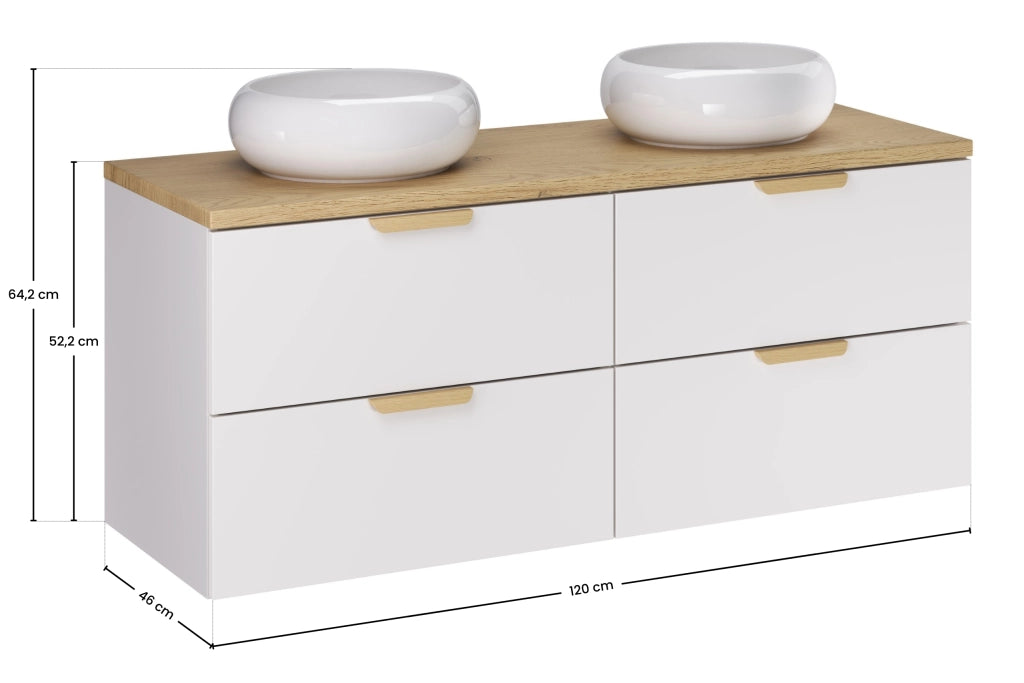 Set mobili bagno 120 cm con piano e 2 lavabi da appoggio Wiki Aster White 120 cm