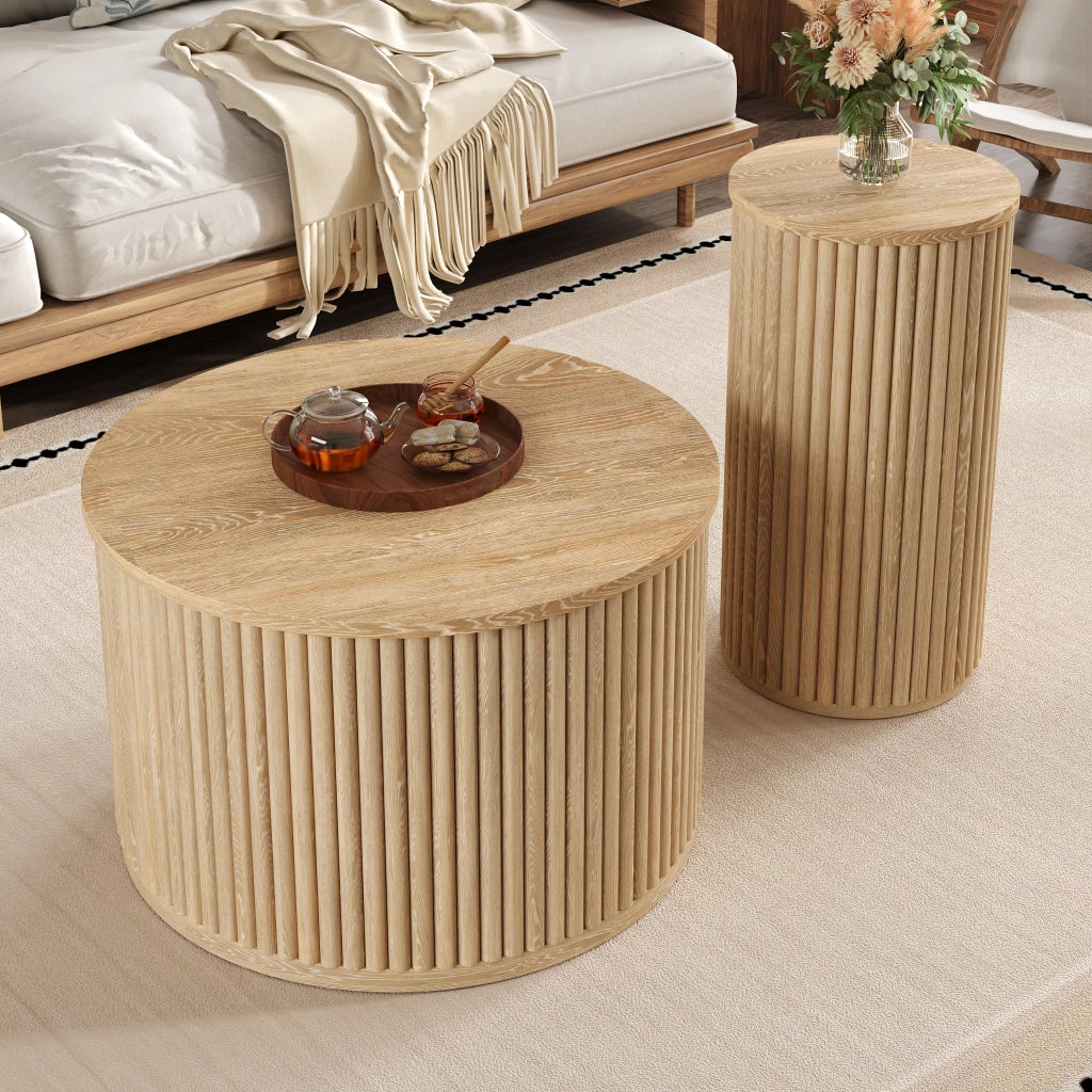 Tavolino da Caffè Rotondo 2 Pezzi con Struttura di Archiviazione, Stile Moderno, per Salotto, MDF, Naturale