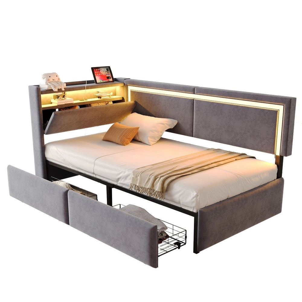 Letto Imbottito con LED, USB e Cassetto ¨C Xylo ¨C Velluto Grigio Scuro 90x200