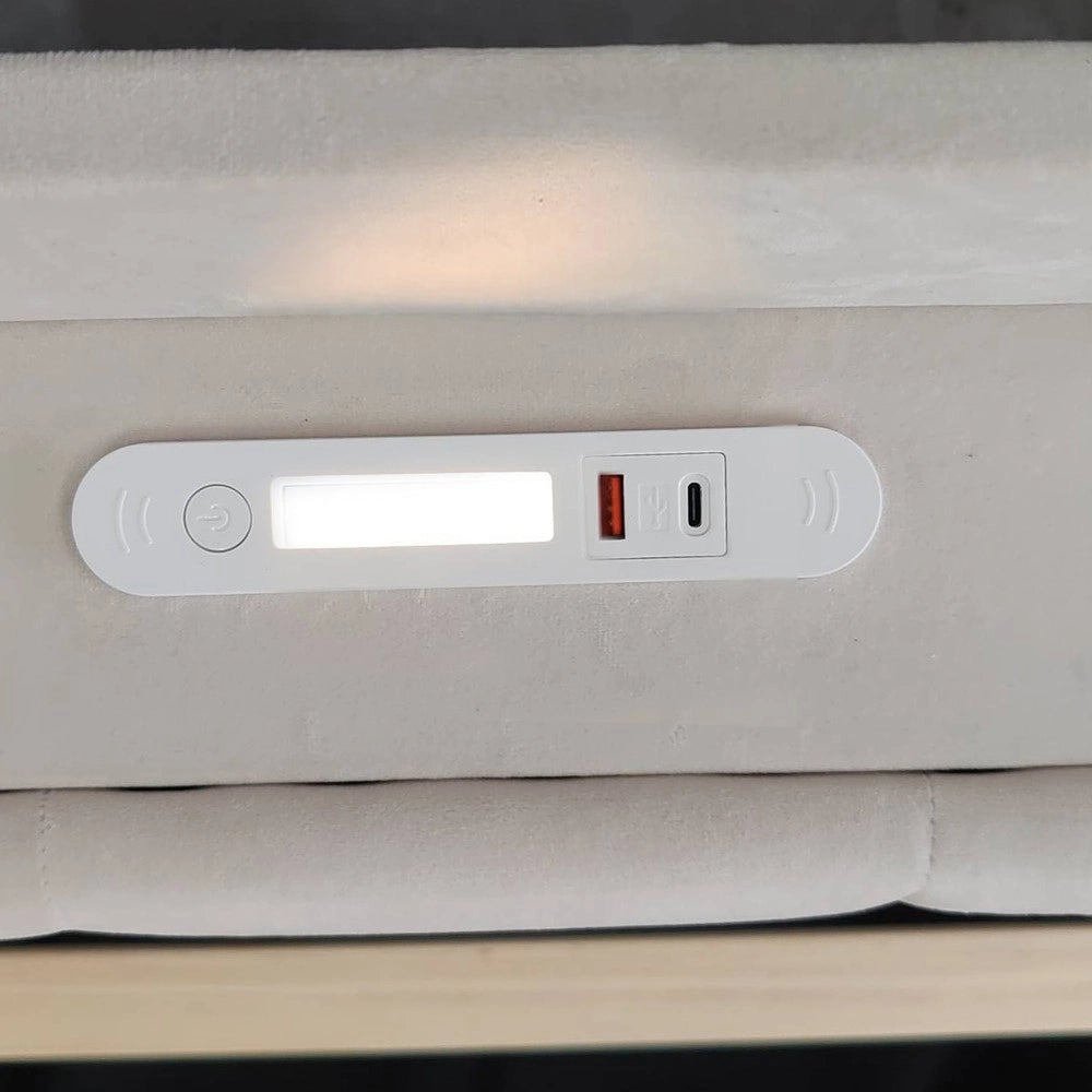 Letto Imbottito Contenitore con Testiera, Luce LED e USB ¨C MINIMAL ¨C Velluto Beige 90x200