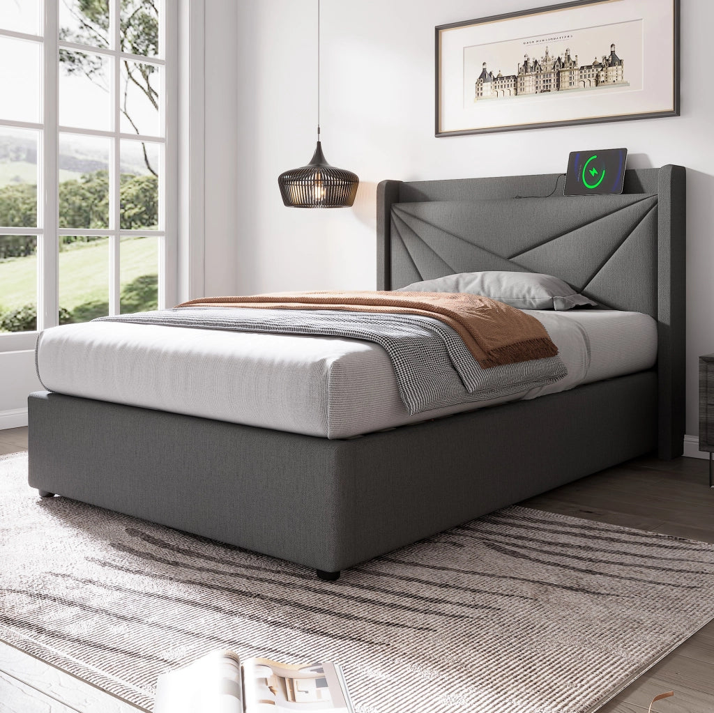 Letto singolo imbottito con contenitore 90x200 cm; USB e Type-C; grigio