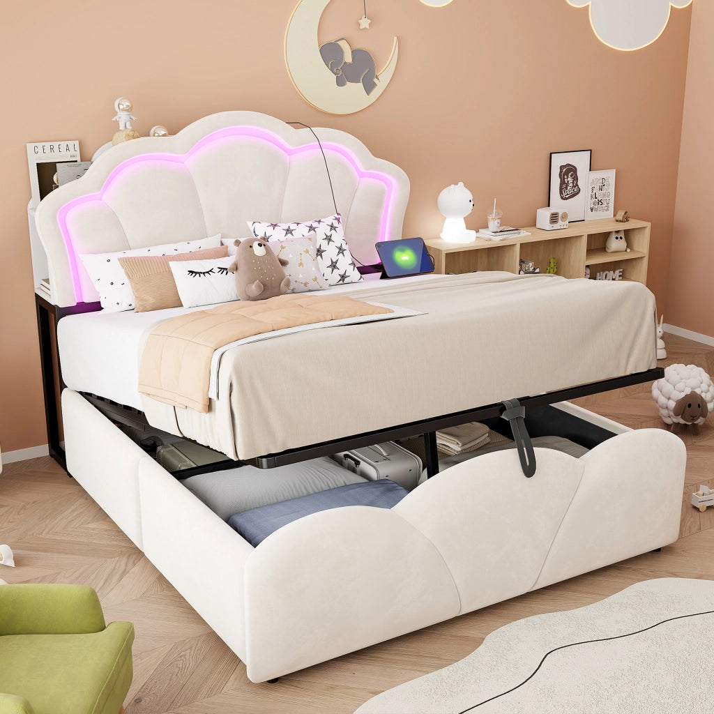 DESMIU Letto contenitore 140 × 200 cm 2 posti con LED, prese e vani testiera, senza materasso, beige