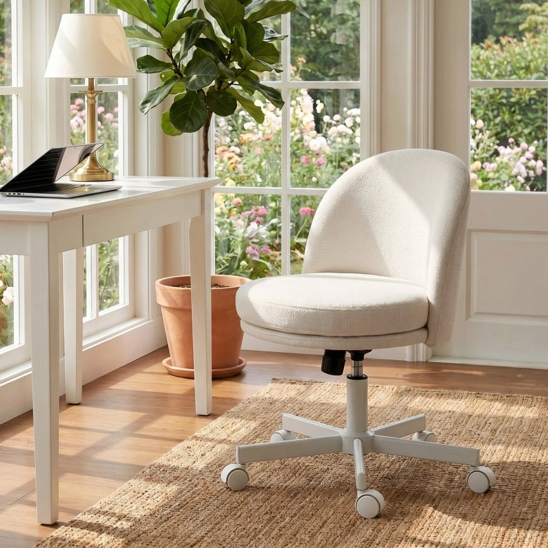 Sedia da ufficio per la casa, sedia da scrivania regolabile in altezza con effetto ciniglia, sedia da toeletta con funzione dondolo, color crema