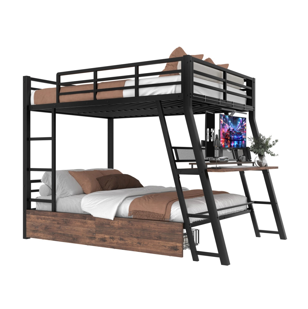 Letto a soppalco 140x200 cm con scrivania, cassetti e LED