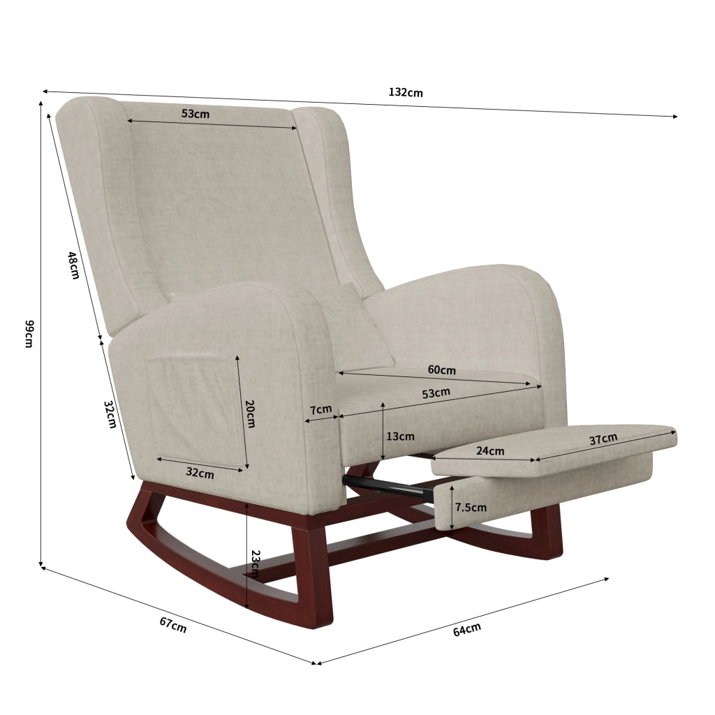 Poltrona relax a dondolo 73x62x48 cm con poggiapiedi;sedia a dondolo da interno per allattamento;struttura in legno e velluto opaco beige