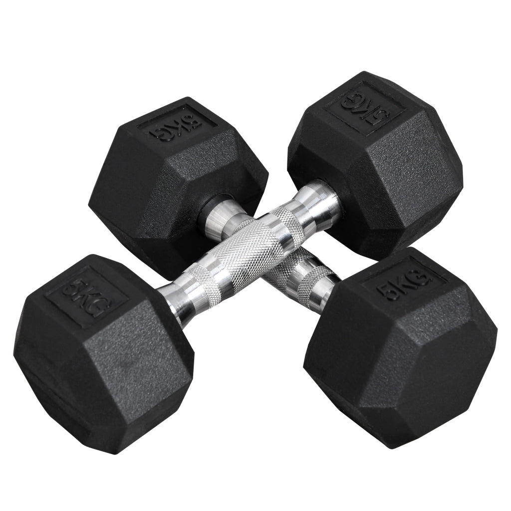 Manubri esagonali, set da 2, 2 x 5 kg, in ghisa con rivestimento in gomma, neri