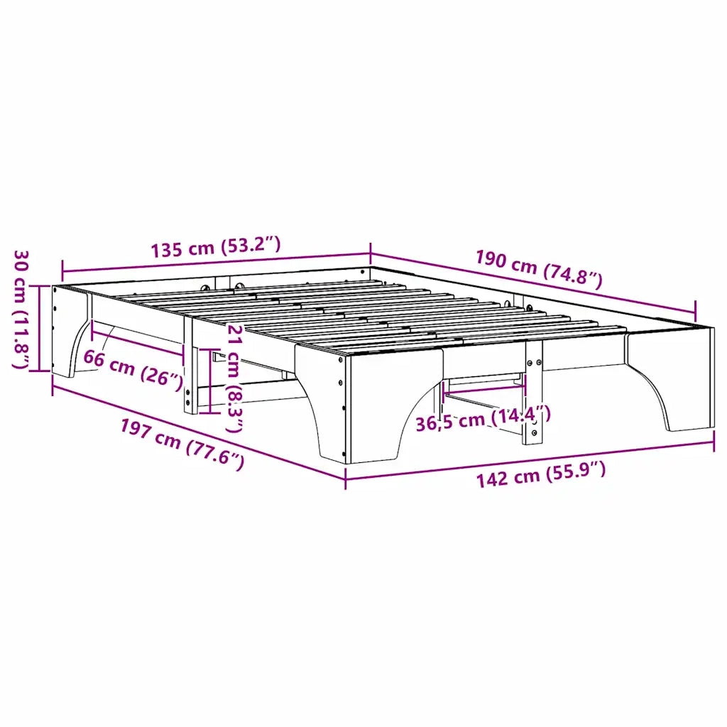 Letto matrimoniale | Letto per adulti | Struttura del letto Bianco 135 x 190 cm Pino massello
