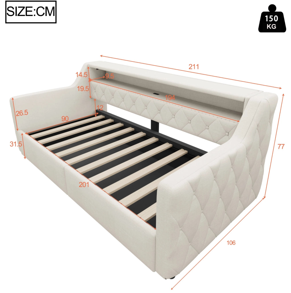 Daybed 211x106x77 cm con contenitore idraulico; LED e porte USB e USB C in lino e MDF beige