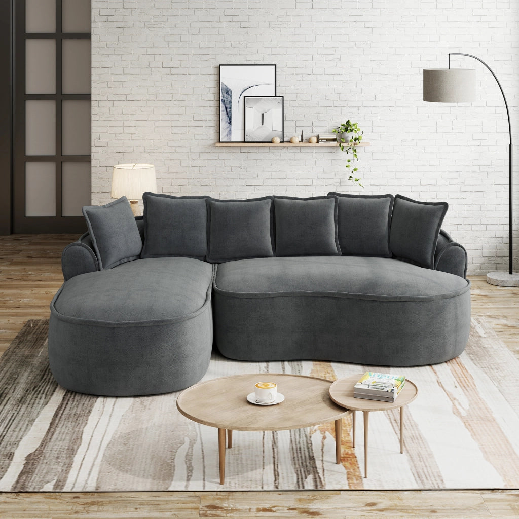Divano modulare convertibile con chaise longue e braccioli larghi in chenille grigio
