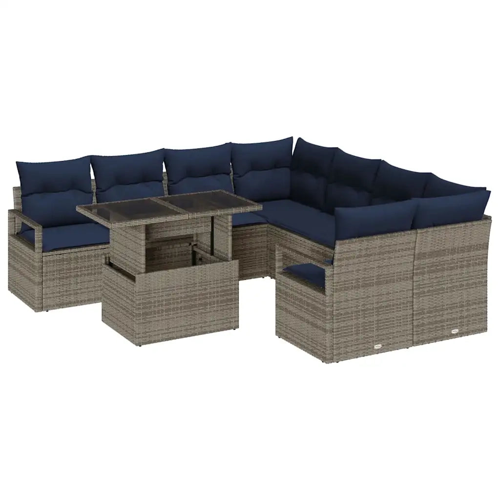 Set Divano da Giardino 9 pcs Grigio e Blu Navy polyrattan 3348801