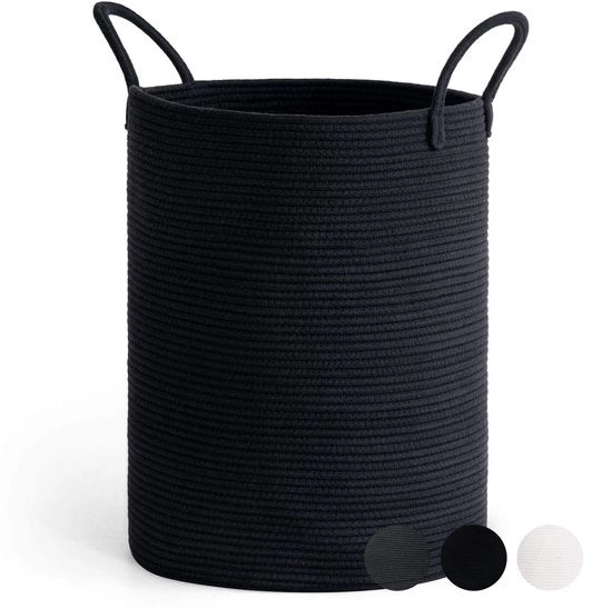 Wastebasket grande con maniglia, cesto per asciugamani, cesto in cotone per bambini, cesto per asciugamani per bagno, cesto per asciugamani per soggiorno, cesto per coperte, giocattoli per bambini, 38x50cm, nero