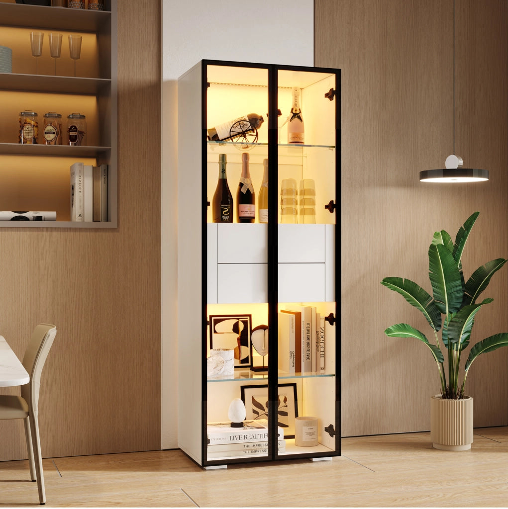 Vetrina 60x40x160 cm con LED e 2 cassetti in MDF e vetro