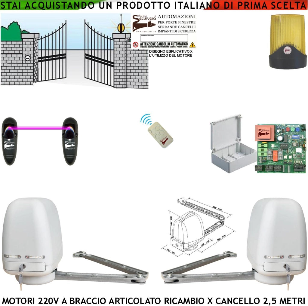 Motori Cancello Elettrico 220 V Braccio Articolato Ricambio Cancello Automatico 5 MT 2 Ante Battenti da 0,5 Fino a 2,5 Metri Centrale Radiocomando Fotocellule